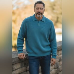 Blue V-Neck Pullover Sweater with Ribbed Knit Texture Harry Rosen XL